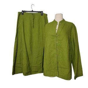 Vtg Bridgewater‎ Studio 100% Linen Blouse and Maxi Skirt Set Sz 16 Green Asian